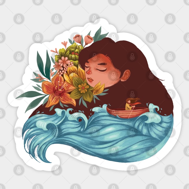 girl sleeping with her dreams Sticker by Mako Design 